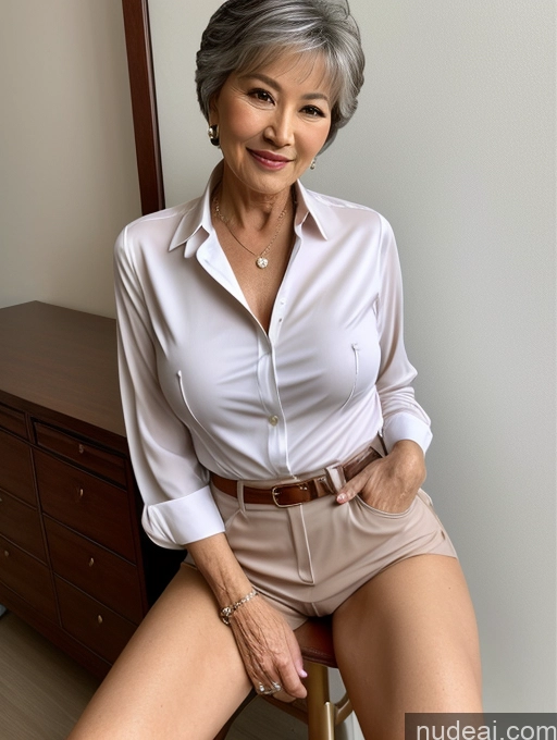 ai nude image of there is a woman sitting on a chair with a white shirt pics of Milf Perfect Boobs Perfect Body Pubic Hair 70s Chinese Spreading Legs Nude Blouse Casual Professor Shirt Stylish Suit Detailed Pixie