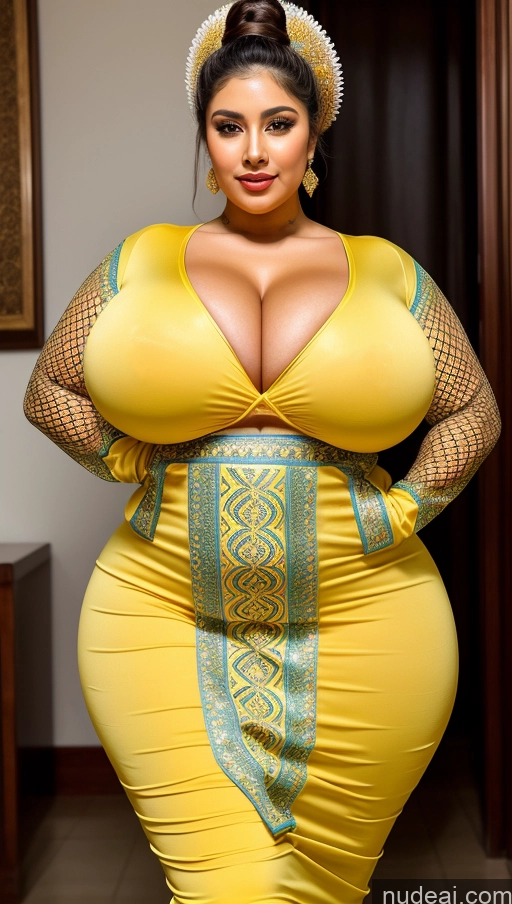 ai nude image of a close up of a woman in a yellow dress and a hat pics of Huge Boobs Perfect Boobs Beautiful Busty Big Ass Big Hips Perfect Body Bright Lighting Traditional Dress Thick Hair Bun Persian Mesh