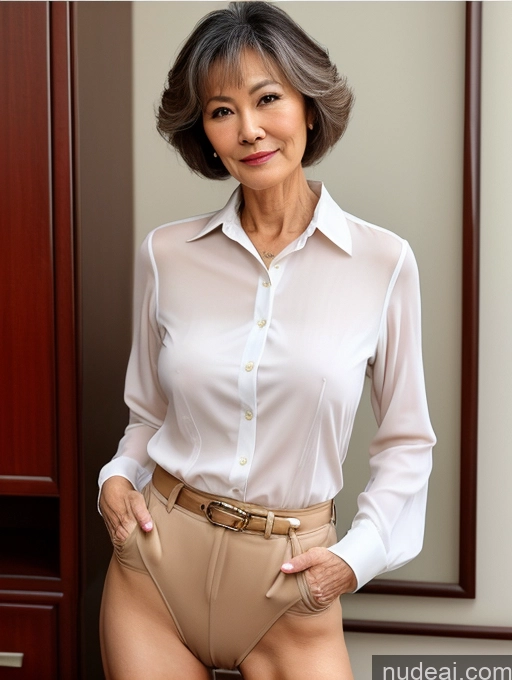 ai nude image of there is a woman in a white shirt and tan pants posing pics of Milf Perfect Boobs Perfect Body Pubic Hair 70s Pixie Chinese Spreading Legs Nude Blouse Casual Professor Shirt Stylish Suit Detailed