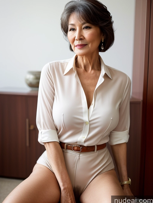 ai nude image of there is a woman sitting on a chair wearing a white shirt pics of Milf Perfect Boobs Perfect Body Pubic Hair 70s Pixie Chinese Spreading Legs Nude Blouse Casual Professor Shirt Stylish Suit Detailed