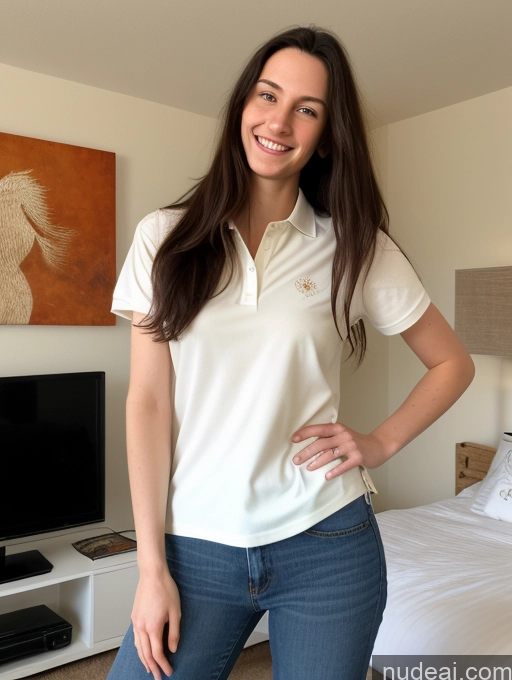 ai nude image of arafed woman in white shirt and jeans standing in front of a bed pics of One Long Hair White Fairer Skin Black Hair Bedroom Happy Tall Abs Small Ass Small Tits Gaming 18 Jeans Shirt Polo Woman