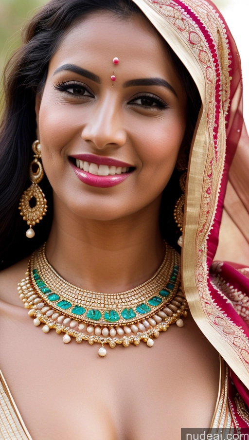 ai nude image of a close up of a woman wearing a red and gold sari pics of Woman Huge Boobs Beautiful Lipstick Fairer Skin 50s Happy Seductive Black Hair Indian Skin Detail (beta) Gold Jewelry Jewelry Bright Lighting Close-up View Bra Oasis Traditional Sari Wedding