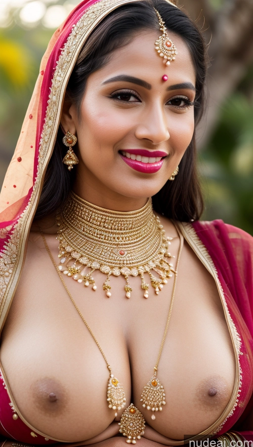 ai nude image of a close up of a woman in a red sari with a gold necklace and earrings pics of Woman Huge Boobs Beautiful Lipstick Fairer Skin 50s Happy Seductive Black Hair Indian Skin Detail (beta) Gold Jewelry Jewelry Bright Lighting Close-up View Bra Oasis Traditional Sari Wedding