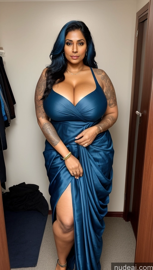 ai nude image of arafed woman in a blue dress posing in a closet pics of Busty Huge Boobs Tattoos Big Ass Thick Big Hips Tall Perfect Body Beautiful 50s Sexy Face Detailed One Front View Seductive Milf Long Hair Indian Sari Dark Skin Changing Room Blue Hair Dark Lighting T-pose