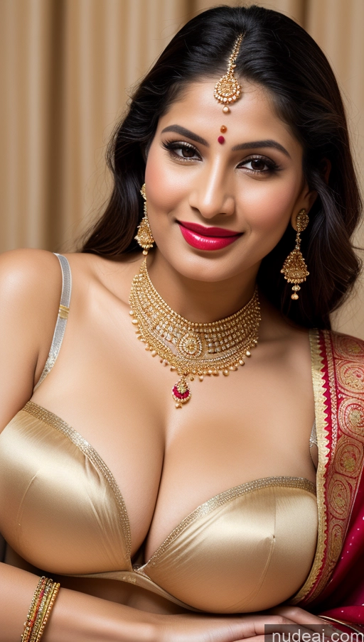 ai nude image of araffed woman in a gold bra and red sari posing for a picture pics of Woman Huge Boobs Beautiful Lipstick Fairer Skin 50s Happy Seductive Black Hair Indian Skin Detail (beta) Gold Jewelry Jewelry Bright Lighting Close-up View Bra Oasis Traditional Sari Wedding