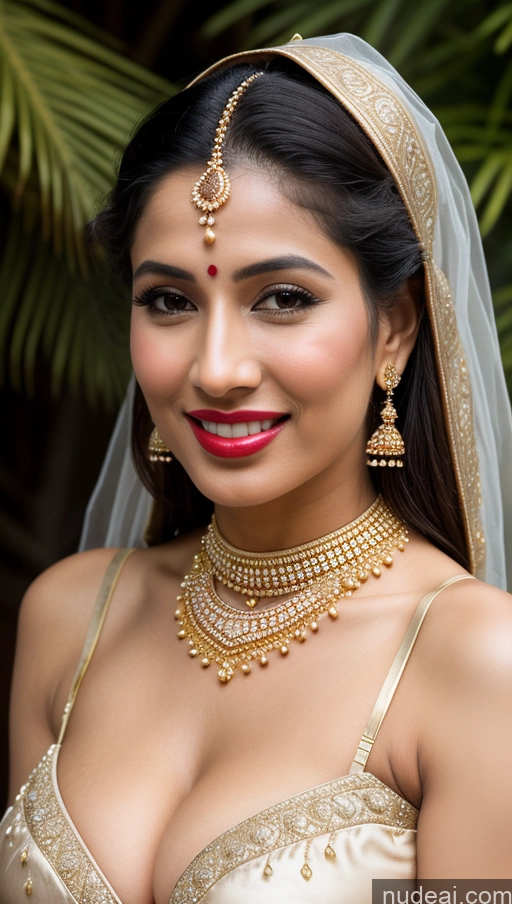 ai nude image of a close up of a woman wearing a gold and white wedding dress pics of Woman Huge Boobs Beautiful Lipstick Fairer Skin 50s Happy Seductive Black Hair Indian Skin Detail (beta) Gold Jewelry Jewelry Bright Lighting Close-up View Bra Oasis Traditional Sari Wedding