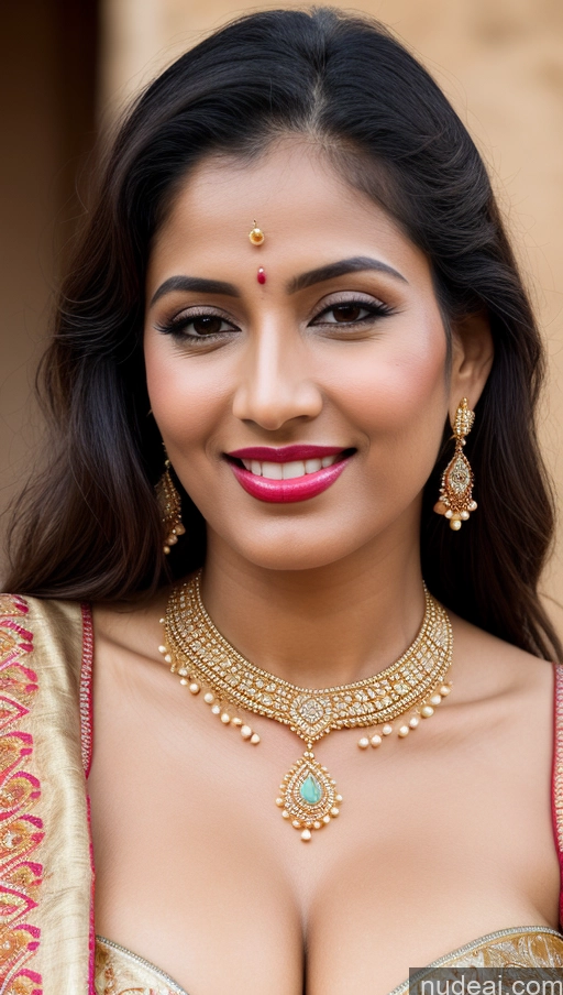 ai nude image of a close up of a woman wearing a gold and green outfit pics of Woman Huge Boobs Beautiful Lipstick Fairer Skin 50s Happy Seductive Black Hair Indian Skin Detail (beta) Gold Jewelry Jewelry Bright Lighting Close-up View Bra Oasis Traditional Sari Wedding