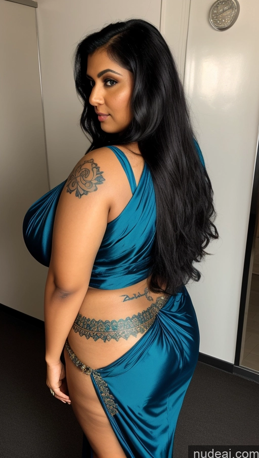 ai nude image of a close up of a woman in a blue dress posing for a picture pics of Busty Huge Boobs Tattoos Big Ass Thick Big Hips Tall Beautiful 50s Sexy Face Detailed One Front View Seductive Milf Long Hair Indian Sari Dark Skin Changing Room Dark Lighting T-pose Fat Blue Hair