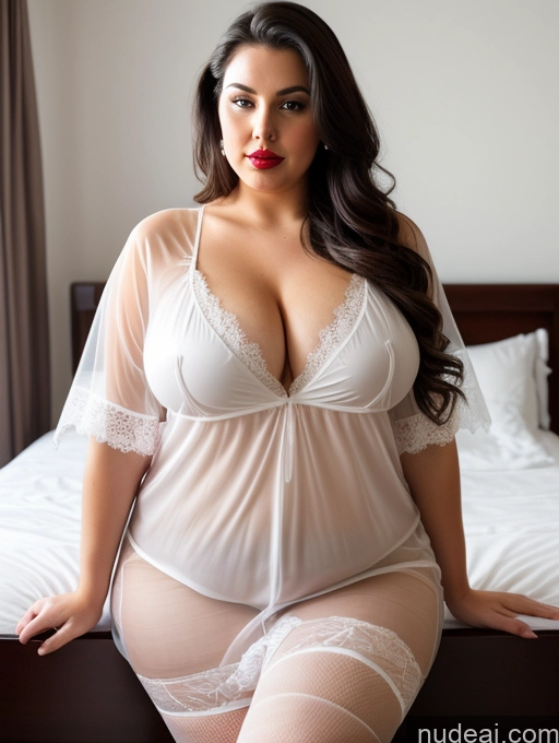 ai nude image of araffe woman in a white lingerie sitting on a bed pics of Busty Big Ass Fat Czech Bedroom Blouse Nightgown Stockings Transparent Simple Sexy Face 30s Black Hair Woman Perfect Boobs Chubby Thick Big Hips Lipstick