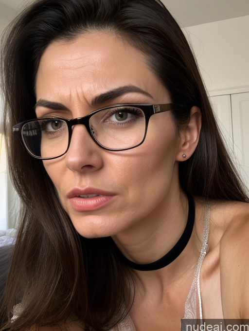 ai nude image of there is a woman with glasses and a choke on her neck pics of Czech 50s Black Hair Long Hair Skinny Small Ass Small Tits Glasses Long Legs Sexy Face Angry Bedroom Blouse Nightgown Satin Transparent Cleavage Simple