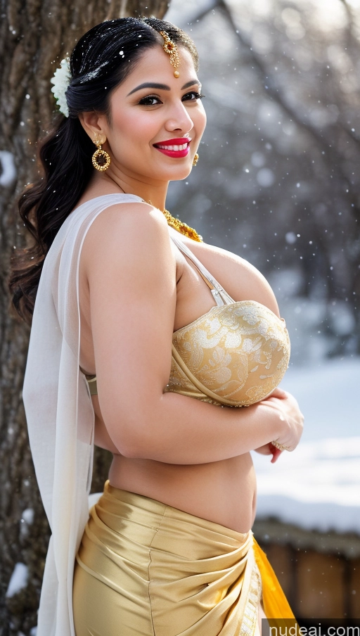 ai nude image of araffe woman in a gold dress posing for a picture pics of Woman Huge Boobs Beautiful Lipstick Big Ass Fairer Skin 50s Happy Seductive Black Hair Skin Detail (beta) Push-up Bra Jewelry Gold Jewelry Bright Lighting Indian Sari Traditional Side View Snow