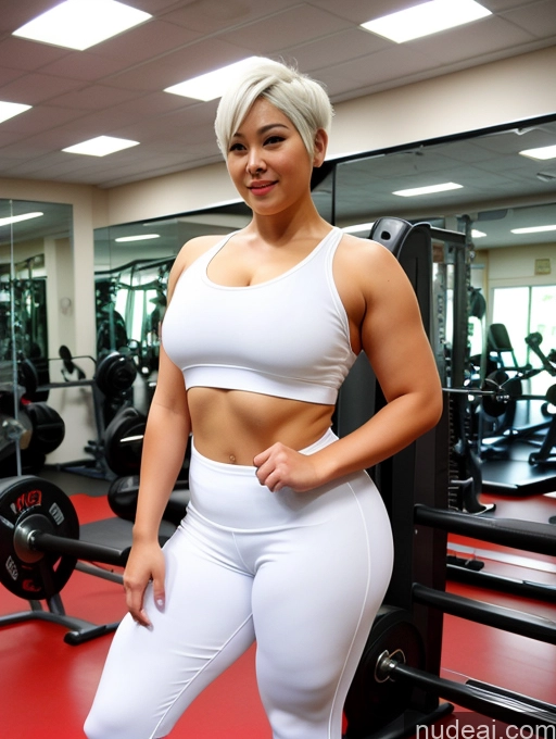 ai nude image of there is a woman in a white top and white pants posing for a picture pics of One Chubby Big Ass 30s White Hair Short Hair Asian Gym Front View Working Out Spandex