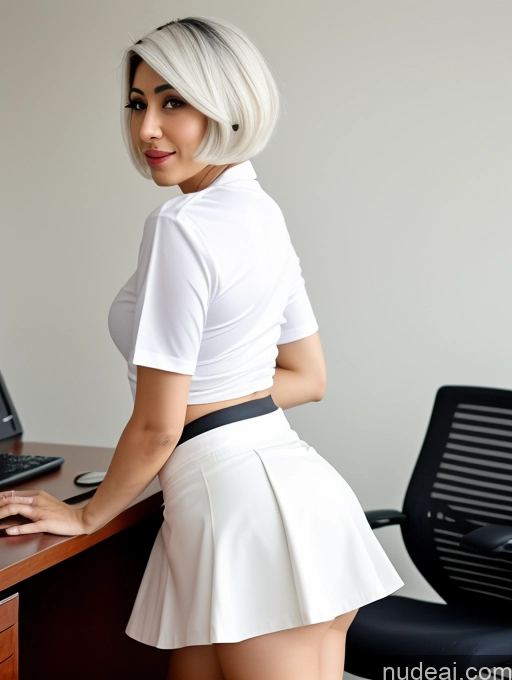 ai nude image of there is a woman in a white dress sitting at a desk pics of Beautiful Big Ass 30s Orgasm White Hair Office Arabic Micro Skirt Short Hair Cosplay Bending Over Skinny Side View