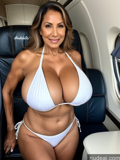 ai nude image of arafed woman in a white bikini sitting in a plane pics of Milf One Busty Huge Boobs Tanned Skin 70s Brazilian Front View Microkini Thong Flight Attendant