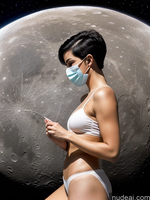 ai nude image of woman in white bikini and mask standing in front of a moon pics of Woman Perfect Body 20s White Pixie Black Hair Laughing Front View Face Mask Moon