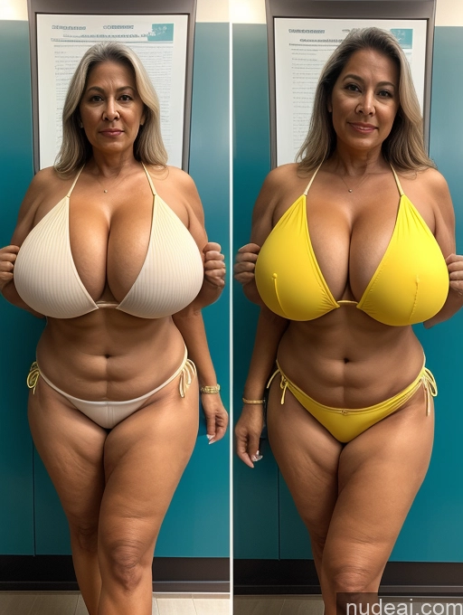 ai nude image of arafed woman in a yellow bikini posing before and after a body lift pics of Milf One Busty Huge Boobs Tanned Skin 70s Brazilian Front View Microkini Thong Lab Coat Professor