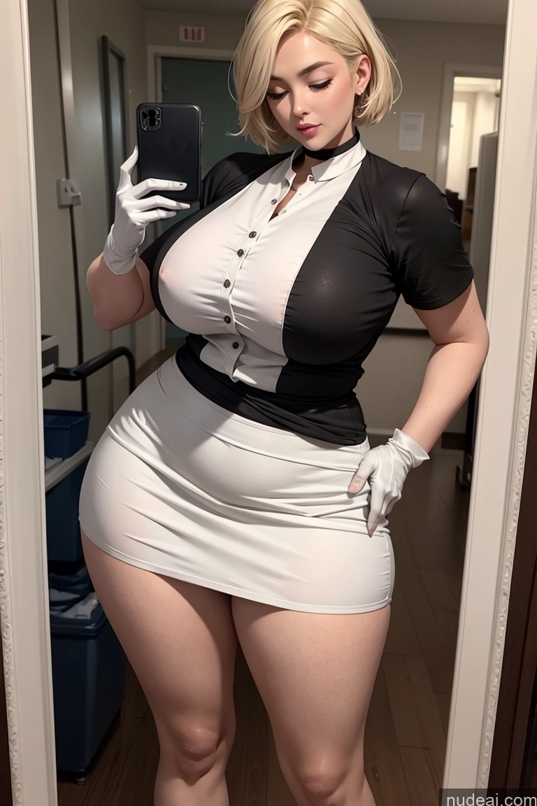 ai nude image of araffe dressed in a white dress and black shirt taking a selfie pics of 20s Seductive Sexy Face Orgasm Blonde Asian Mirror Selfie Hospital Gloves Kilt Nurse Mini Skirt Milf Long Legs Big Ass Perfect Boobs Chubby Beautiful Fat Big Hips Long Hair