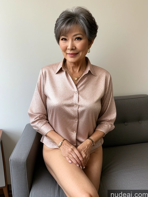 ai nude image of there is a woman sitting on a couch with a pink shirt pics of Milf Perfect Boobs Perfect Body Pubic Hair 70s Pixie Chinese Spreading Legs Nude Blouse Casual Professor Shirt Stylish Suit Detailed