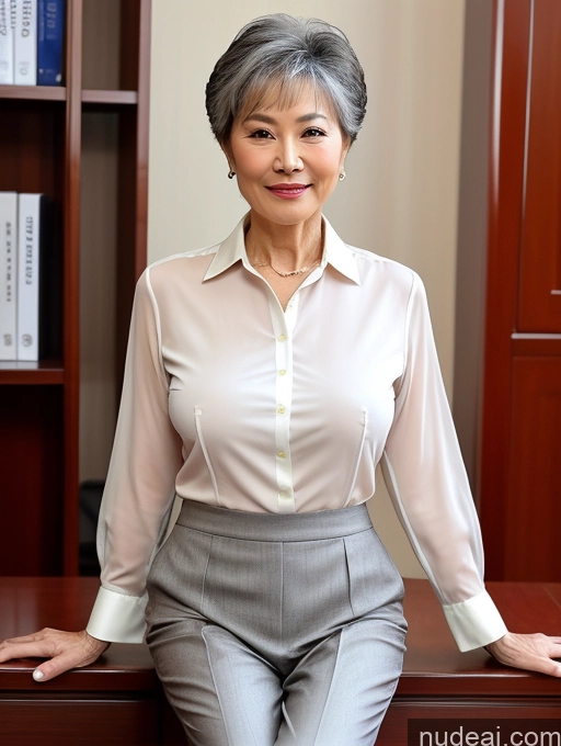 ai nude image of there is a woman sitting at a desk with her hands on her hips pics of Milf Perfect Boobs Perfect Body Pubic Hair 70s Pixie Chinese Spreading Legs Nude Blouse Casual Professor Shirt Stylish Suit Detailed