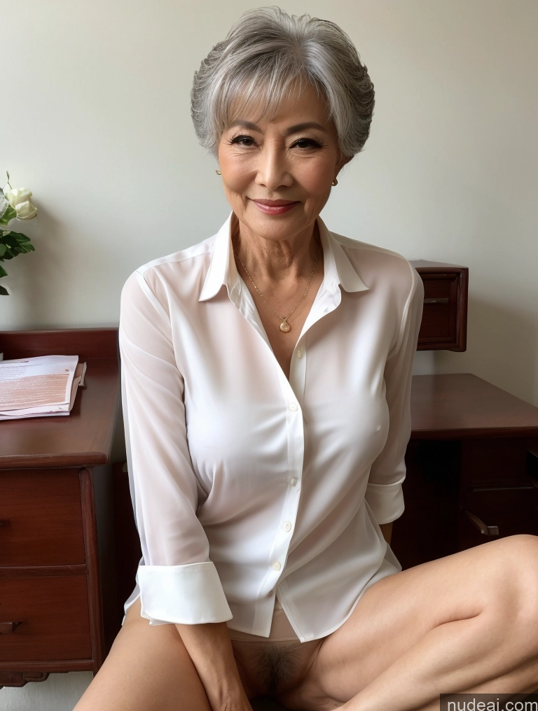 ai nude image of there is a woman sitting on a chair with a white shirt pics of Milf Perfect Boobs Perfect Body Pubic Hair 70s Pixie Chinese Spreading Legs Nude Blouse Casual Professor Shirt Stylish Suit Detailed