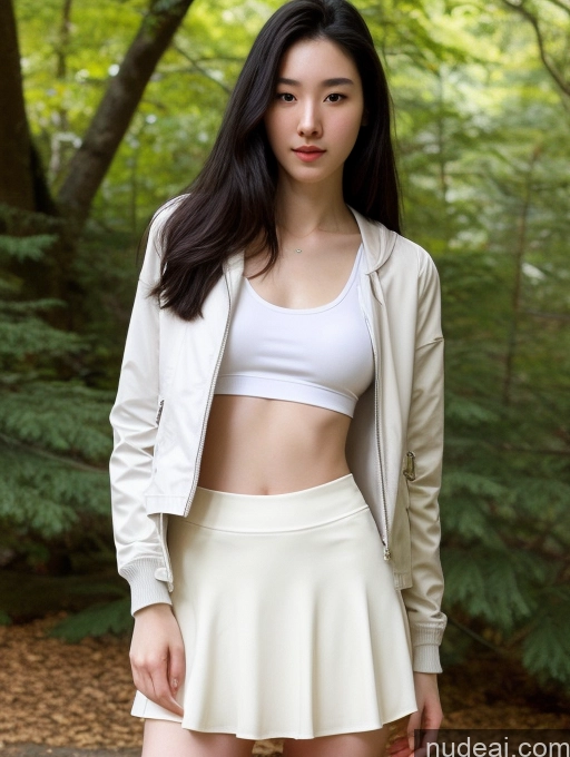 ai nude image of arafed asian woman in a white top and skirt posing for a picture pics of Skinny Long Hair Fairer Skin 18 Black Hair Spread Pussy Korean Micro Skirt Tank Top Jacket Pubic Hair