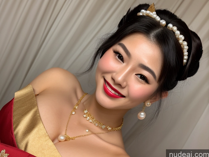 ai nude image of araffe woman in a red and gold dress with a necklace and earrings pics of Lipstick Perfect Body Pubic Hair 18 Happy Pixie Japanese Geisha Cleavage Gold Jewelry Busty Perfect Boobs Pearl Jewelry