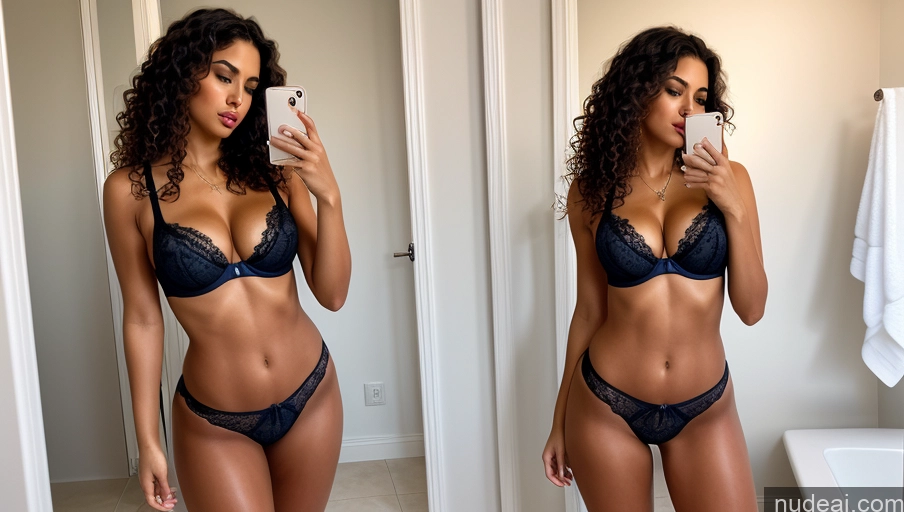 ai nude image of there is a woman taking a selfie in a bathroom mirror pics of Lingerie Model One Perfect Boobs Big Ass Perfect Body Big Hips Tanned Skin 30s Sexy Face Pouting Lips Curly Hair Mirror Selfie Bathroom Front View Thong Bright Lighting