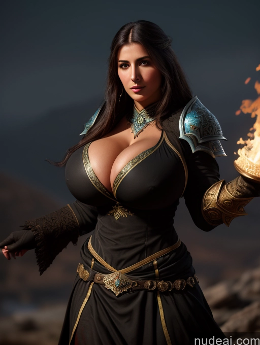 ai nude image of arafed woman in a black dress holding a fire with a sword pics of Model One Busty Huge Boobs Perfect Boobs Muscular Big Ass Abs Big Hips 20s Seductive Brunette Dark Lighting Sexy Face Death Knight Ottoman Asena Battlefield Huge Tits, Hard Nipples