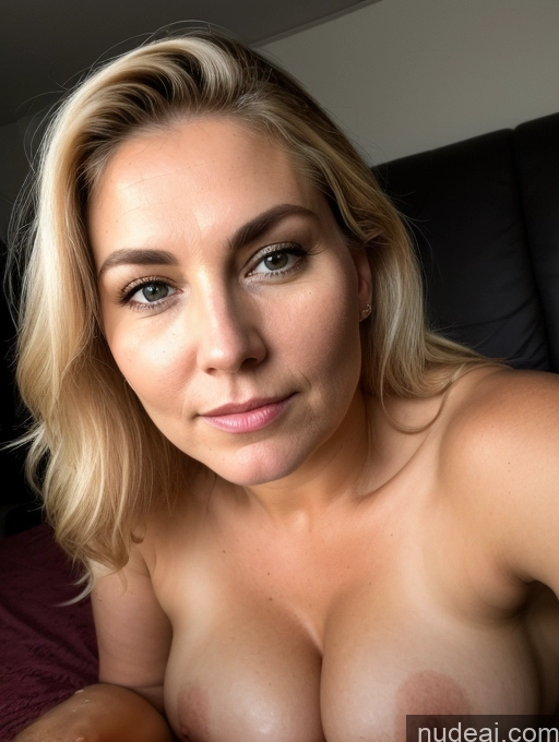 ai nude image of blond woman with big tits posing on a bed with a donut pics of One Chubby Milf 30s Serious Blonde White Skin Detail (beta) Cumshot Bright Lighting Detailed Pubic Hair Perfect Boobs