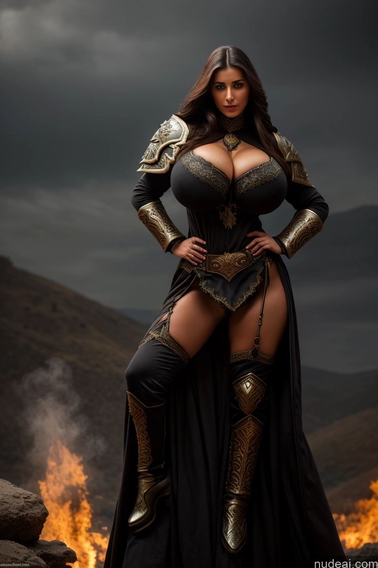 ai nude image of arafed woman in a black dress and gold armor posing for a picture pics of Model One Busty Huge Boobs Perfect Boobs Muscular Big Ass Abs Big Hips 20s Seductive Brunette Dark Lighting Sexy Face Death Knight Ottoman Asena Battlefield Huge Tits, Hard Nipples