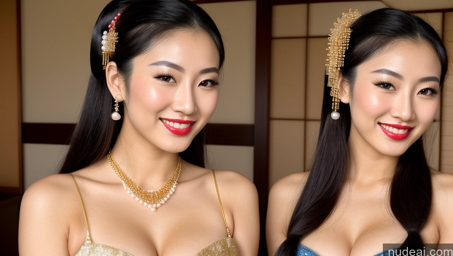 ai nude image of there are two asian women in a room with a mirror pics of Lipstick Perfect Body Pubic Hair 18 Happy Japanese Geisha Cleavage Gold Jewelry Busty Perfect Boobs Pearl Jewelry Ponytail