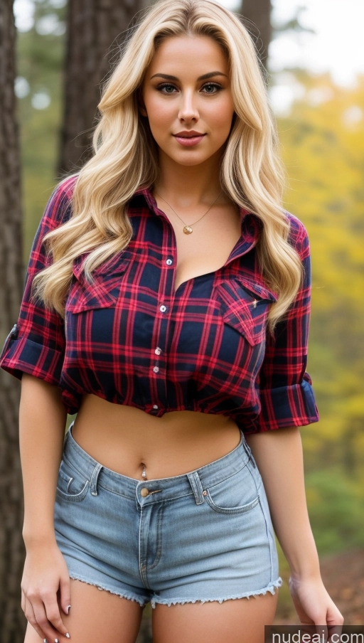 ai nude image of a close up of a woman in a plaid shirt and denim shorts pics of Busty Big Ass Seductive Front View Sexy Face Long Hair Blouse Big Hips Short Shorts Lumberjack Blonde 18