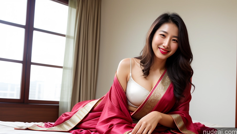 ai nude image of there is a woman sitting on a bed with a red blanket pics of Model One Small Tits Sunglasses Lipstick Small Ass Abs Tall Pubic Hair Fairer Skin 20s Happy Black Hair Messy Front View Sari Korean