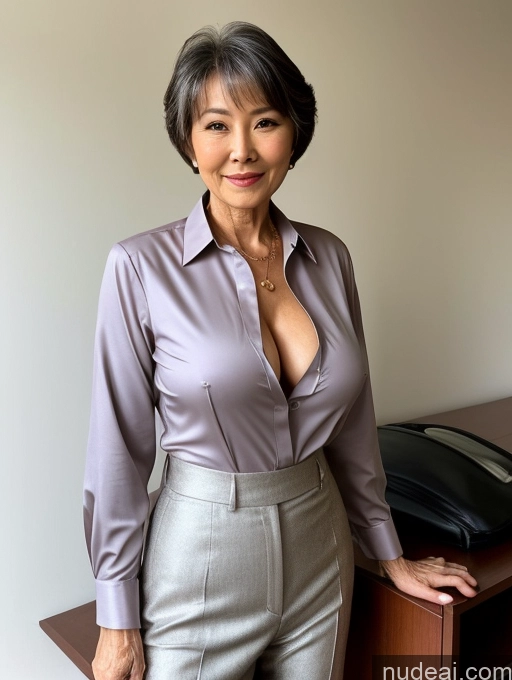 ai nude image of there is a woman standing in front of a desk with a phone pics of Milf Perfect Boobs Perfect Body Pubic Hair 70s Pixie Chinese Spreading Legs Nude Blouse Casual Professor Shirt Stylish Suit Detailed