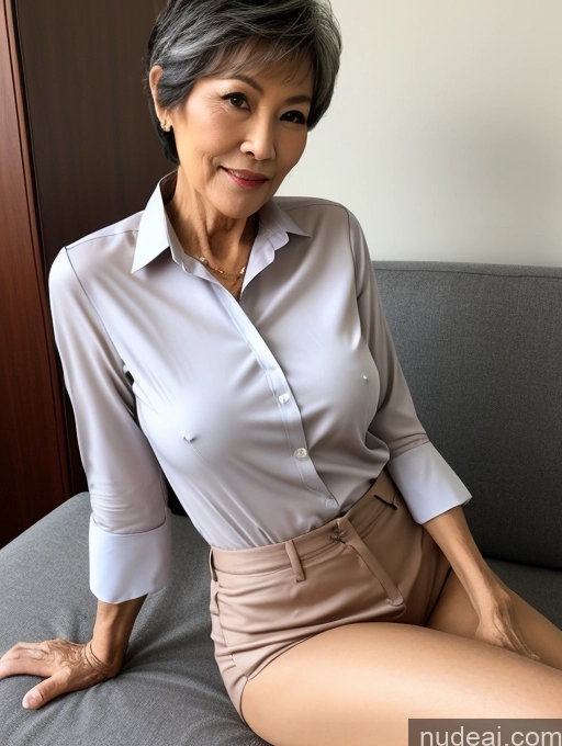 ai nude image of there is a woman sitting on a couch with a shirt on pics of Milf Perfect Boobs Perfect Body Pubic Hair 70s Pixie Chinese Spreading Legs Nude Blouse Casual Professor Shirt Stylish Suit Detailed