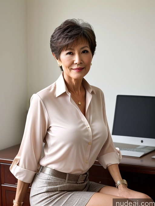 ai nude image of there is a woman sitting at a desk with a laptop pics of Milf Perfect Boobs Perfect Body Pubic Hair 70s Pixie Chinese Spreading Legs Nude Blouse Casual Professor Shirt Stylish Suit Detailed