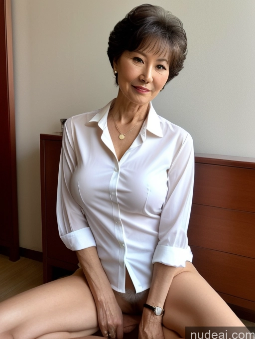 ai nude image of there is a woman sitting on a bed with a white shirt pics of Milf Perfect Boobs Perfect Body Pubic Hair 70s Pixie Chinese Spreading Legs Nude Blouse Casual Professor Shirt Stylish Suit Detailed