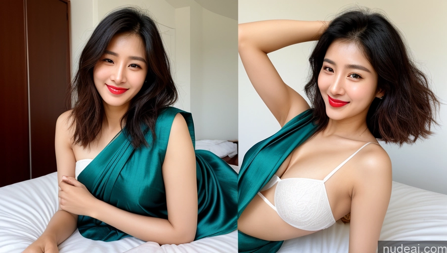 ai nude image of there is a woman in a green dress laying on a bed pics of Model One Small Tits Sunglasses Lipstick Small Ass Abs Tall Pubic Hair Fairer Skin 20s Happy Black Hair Messy Front View Sari Korean