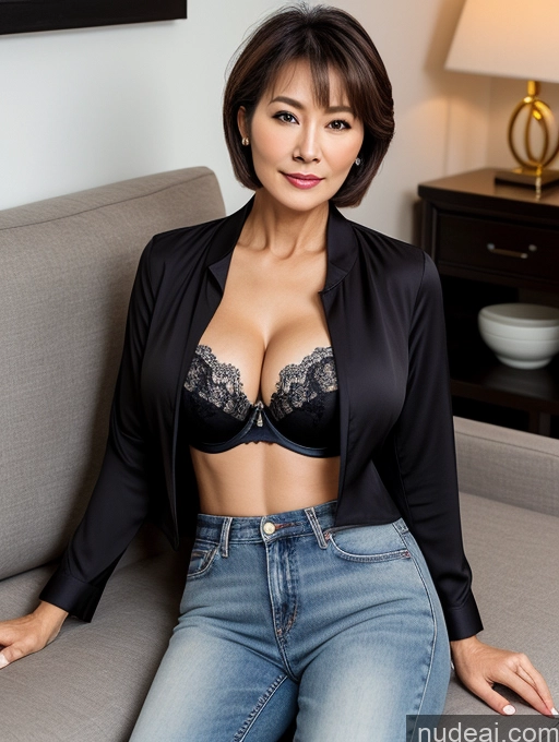 ai nude image of araffed asian woman in a black bra top and jeans sitting on a couch pics of Milf Two Busty Perfect Boobs Beautiful Perfect Body Short Hair 60s Chinese Couch Blouse Bra Casual Jacket Jeans Cleavage Dark Lighting Detailed Sexy Face