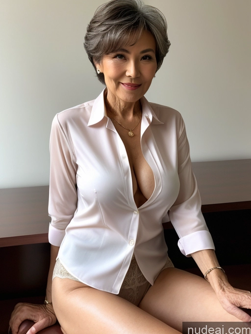 ai nude image of there is a woman sitting on a desk with a man behind her pics of Milf Perfect Boobs Perfect Body Pubic Hair 70s Pixie Chinese Spreading Legs Nude Blouse Casual Professor Shirt Stylish Suit Detailed