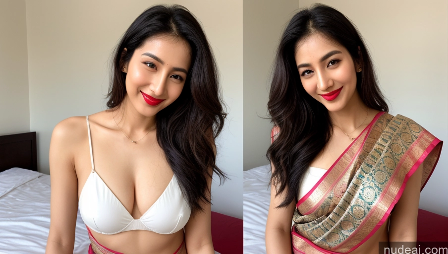 ai nude image of there are two pictures of a woman in a white top and a woman in a pink and gold sari pics of Model One Small Tits Sunglasses Lipstick Small Ass Abs Tall Fairer Skin 20s Happy Black Hair Messy Front View Sari Korean