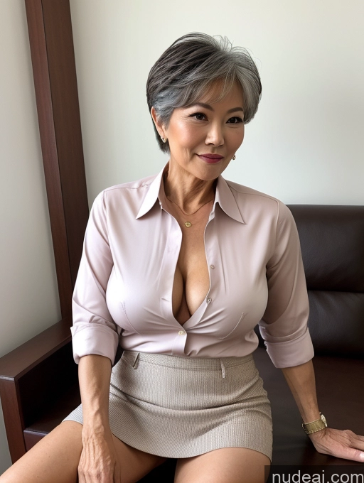 ai nude image of there is a woman sitting on a couch with a pink shirt pics of Milf Perfect Boobs Perfect Body Pubic Hair Pixie Chinese Spreading Legs Nude Blouse Casual Professor Shirt Stylish Suit Detailed 60s