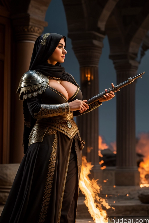 ai nude image of arafed woman in a black dress holding a sword and a fire pics of Model One Busty Huge Boobs Perfect Boobs Muscular Big Ass Abs Big Hips 20s Seductive Brunette Dark Lighting Sexy Face Death Knight Ottoman Asena Battlefield Huge Tits, Hard Nipples