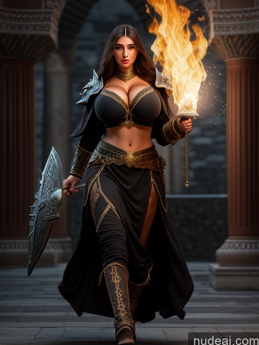 ai nude image of arafed woman in a black dress holding a sword and a fire pics of Model One Busty Huge Boobs Perfect Boobs Muscular Big Ass Abs Big Hips 20s Seductive Brunette Dark Lighting Sexy Face Death Knight Ottoman Asena Battlefield Huge Tits, Hard Nipples