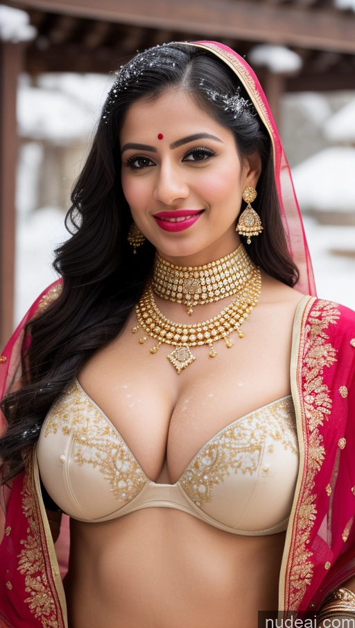 ai nude image of a close up of a woman in a red and gold outfit pics of Woman Huge Boobs Beautiful Lipstick Fairer Skin Big Hips 50s Happy Seductive Sexy Face Black Hair Skin Detail (beta) Bra Sari Traditional Gold Jewelry Jewelry Bright Lighting Close-up View Snow Wedding Bending Over Middle Eastern