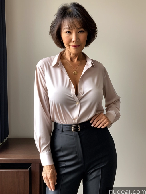 ai nude image of there is a woman standing in a room with a white shirt and black pants pics of Milf Perfect Boobs Perfect Body Pubic Hair 70s Pixie Chinese Spreading Legs Nude Blouse Casual Professor Shirt Stylish Suit Detailed Dark Lighting