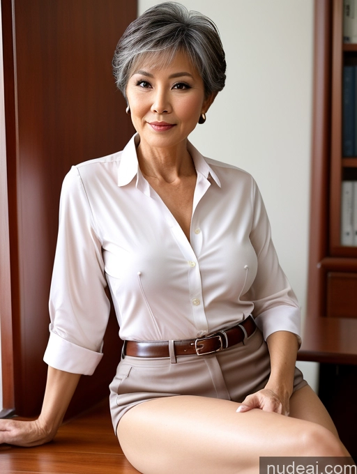 ai nude image of there is a woman sitting on a desk with a white shirt pics of Milf Perfect Boobs Perfect Body Pubic Hair Pixie Chinese Spreading Legs Nude Blouse Casual Professor Shirt Stylish Suit Detailed 60s