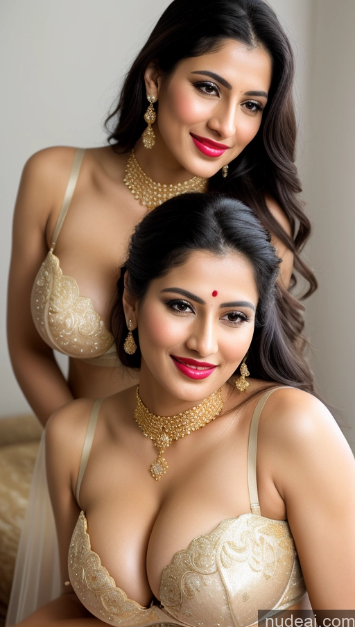 ai nude image of two women in gold lingersuits posing for a picture pics of Woman Huge Boobs Beautiful Lipstick Fairer Skin Big Hips 50s Happy Seductive Sexy Face Black Hair Skin Detail (beta) Bra Sari Traditional Gold Jewelry Jewelry Bright Lighting Close-up View Snow Wedding Bending Over Middle Eastern