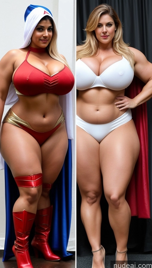 ai nude image of two women in costumes posing for a picture and one in a bikini pics of Huge Boobs Big Ass Abs Chubby Fairer Skin Indian Superhero Muscular