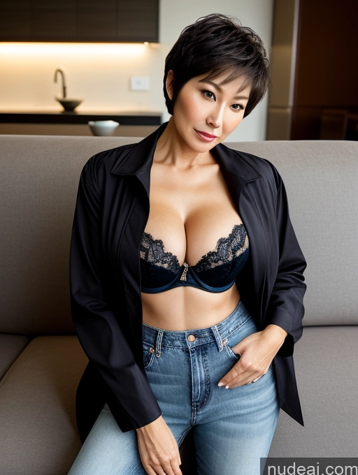 ai nude image of arafed woman in a black jacket and jeans sitting on a couch pics of Milf Two Busty Perfect Boobs Beautiful Perfect Body Short Hair 60s Chinese Couch Blouse Bra Casual Jacket Jeans Cleavage Dark Lighting Detailed Sexy Face